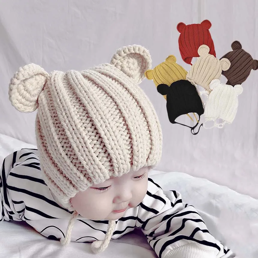 Cute Baby Knit Hat With Ear 2023 Autumn Winter Kids Beanie Cap For Girls Boys Newborn Baby Bonnet Cap Ear Warm Protection Cap