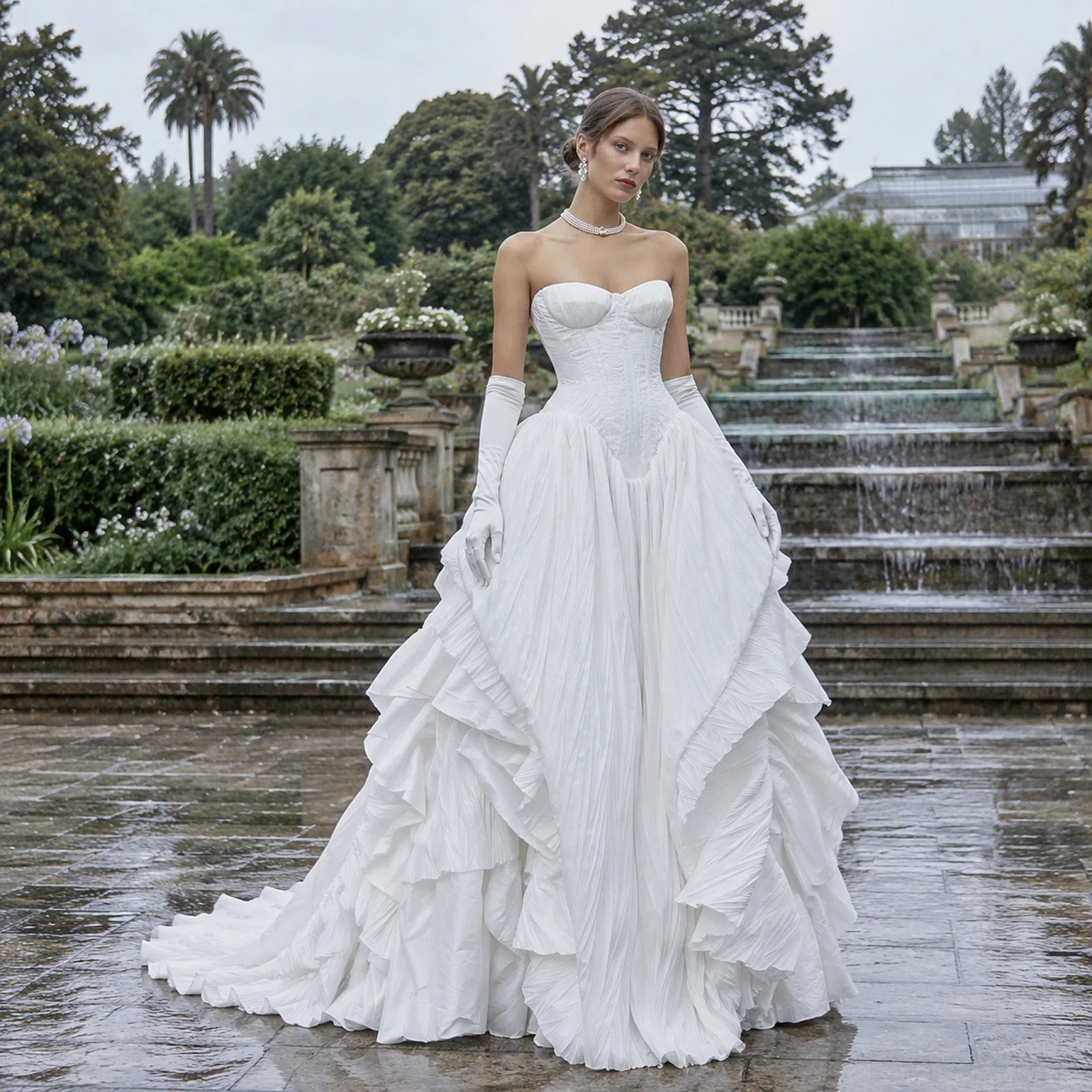Classic White Ball Gown with Sweetheart Neckline, Sleeveless Design, Ruffled Tiered Pleated Skirt, Court Train Wedding Dress