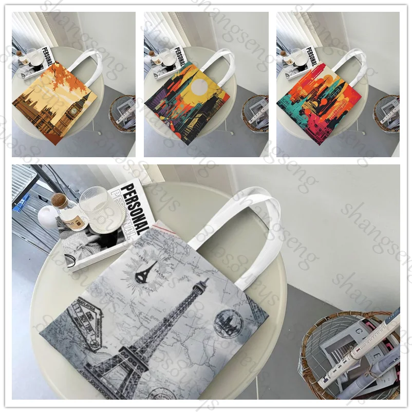 

Travel City Doodle Tote bag fashion shoulder bag canvas handheld folding bag women's casual large capacity shopping bags