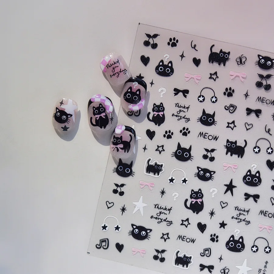 Autocollants Nail Art avec nœud papillon rose, joli petit chat noir et ours, design décalcomanie, outil de manucure, haute qualité, 1 feuille