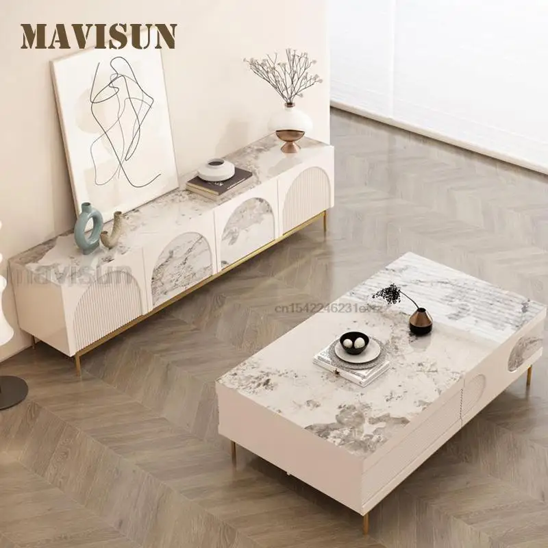 

Modern Minimalist TV Cabinet In White Rock Slab Tabletop Living Room Center Furniture Large Storage Space Coffee Table TV Stand