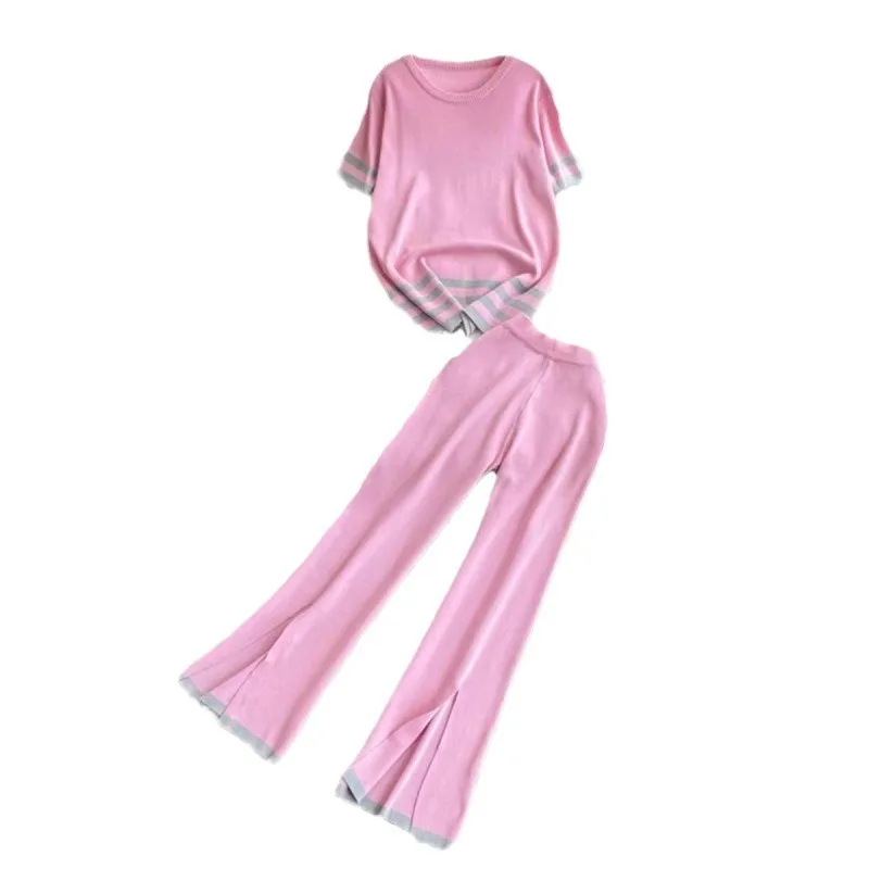 2024 New Fashion Suit Women's Summer Korean Version Of Loose Contrast Age-reducing Knitted Two-piece High waist Wide-Leg Pants.