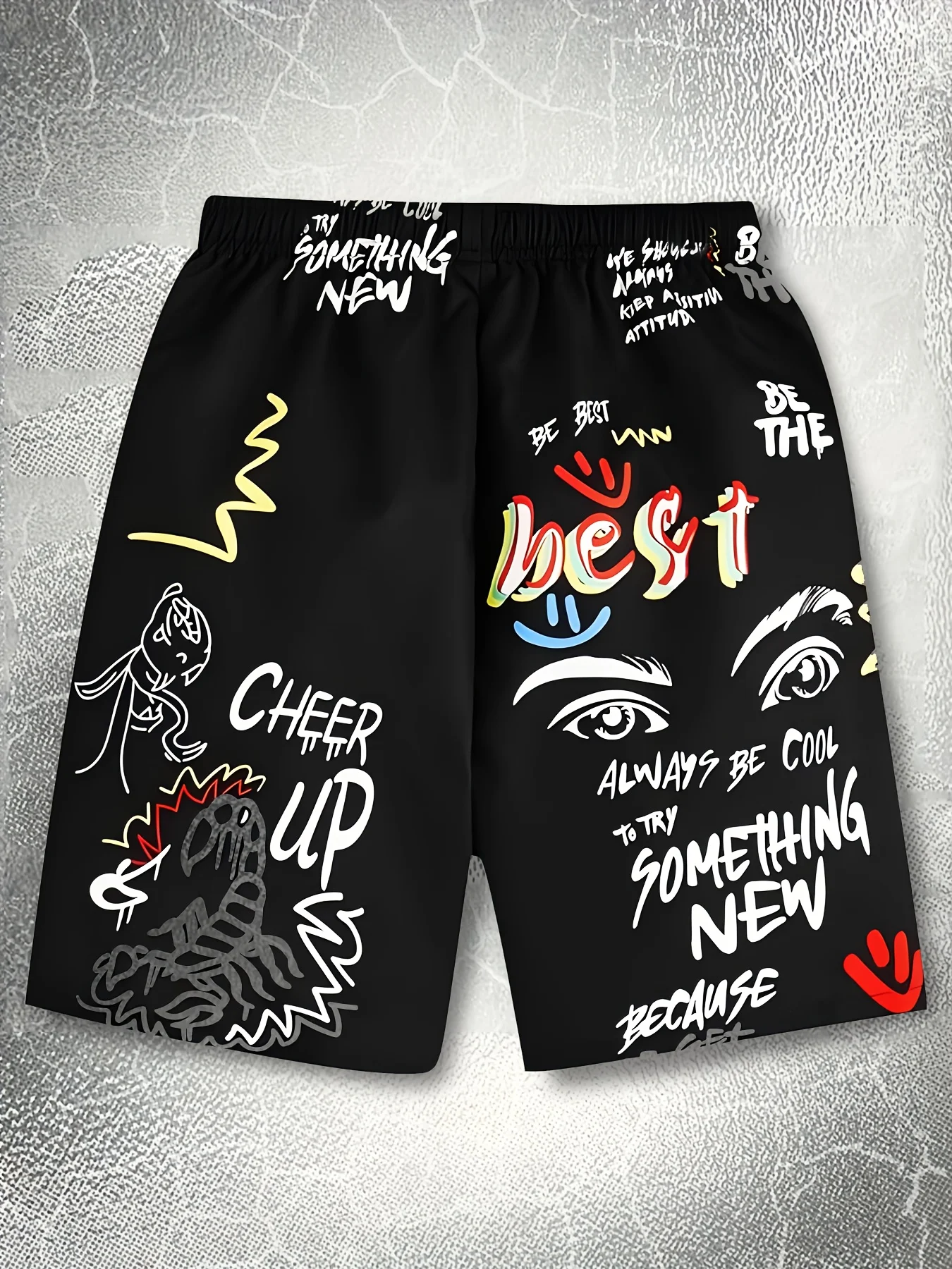 

Summer Men's 3D Letter Printed Beach Shorts Black Casual Elastic Waist Swim Trunks Suitable for Outdoor Sports