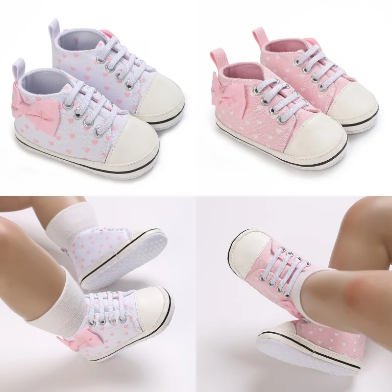 Toddler Learning Walk Shoes, Heart Print Canvas Sneakers with Bow, Soft Sole Infant Footwear for 0-18M