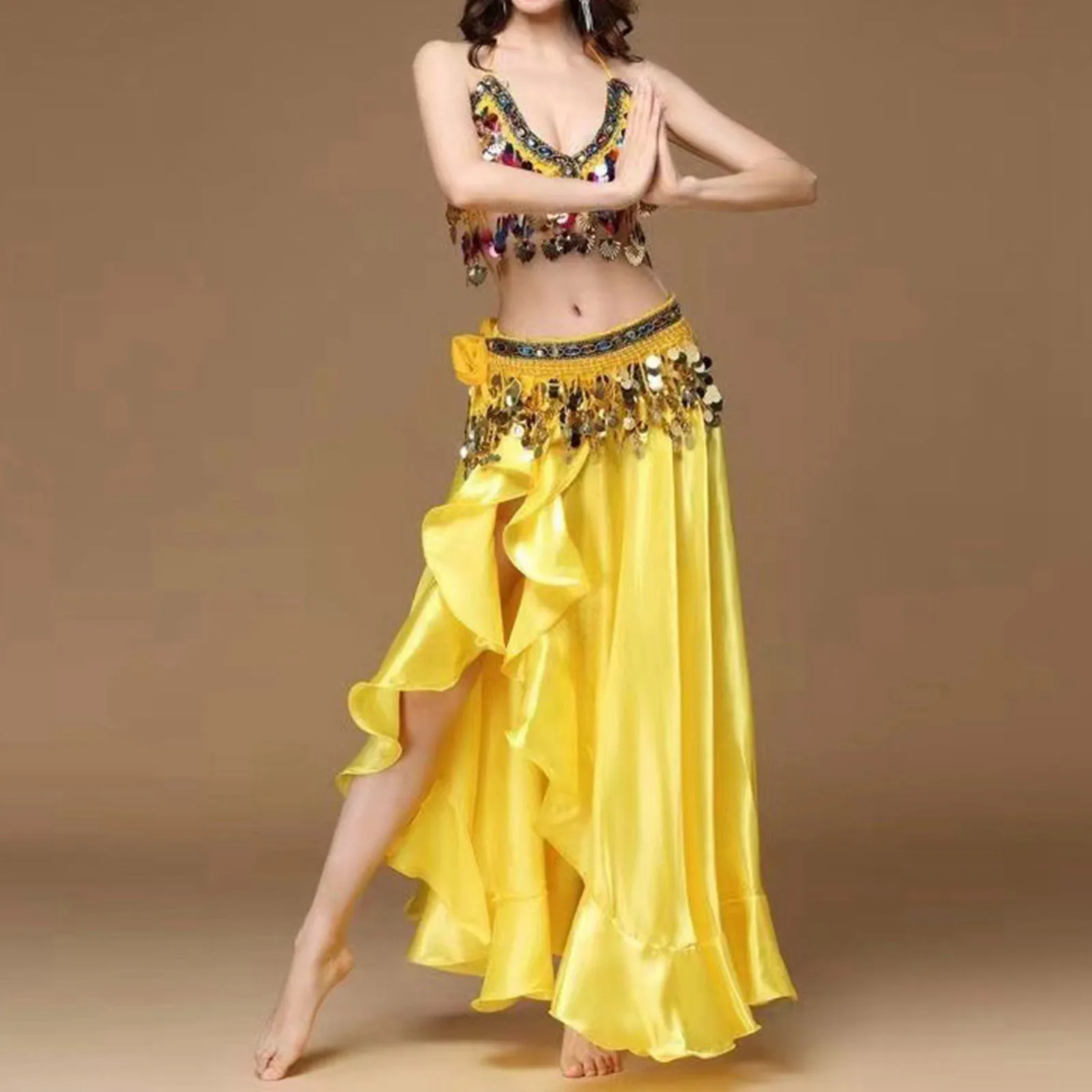 Women's Belly Dance Side Slit Outfit Indian Dance Bra And Skirt Set Elegant Performance Costume For Dance Practice And Shows