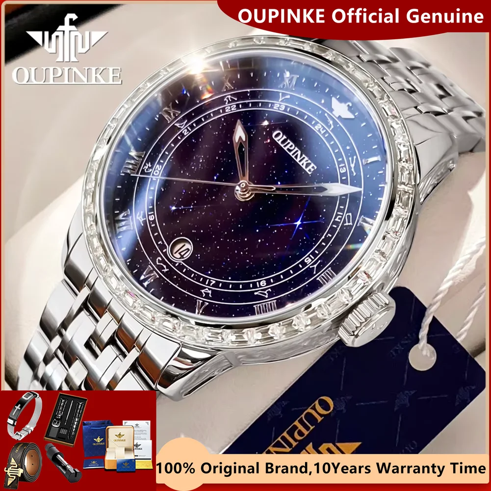 OUPINKE Diamond Bezel Automatic Watches for Men Starry Sky Luminous Waterproof Men's Mechanical Wristwatch Valentine's Day Gifts