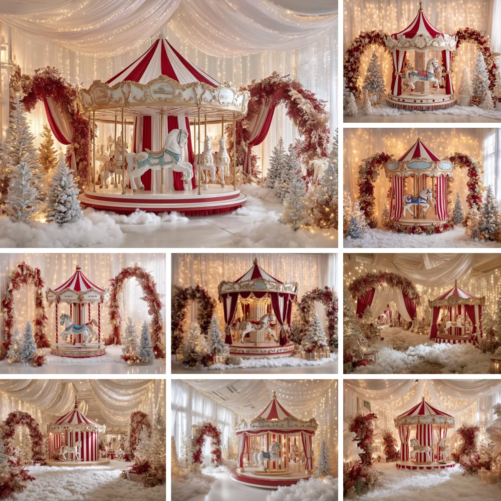 Photography Lighting White Background - Red White Carousel Christmas Backdrop Draped