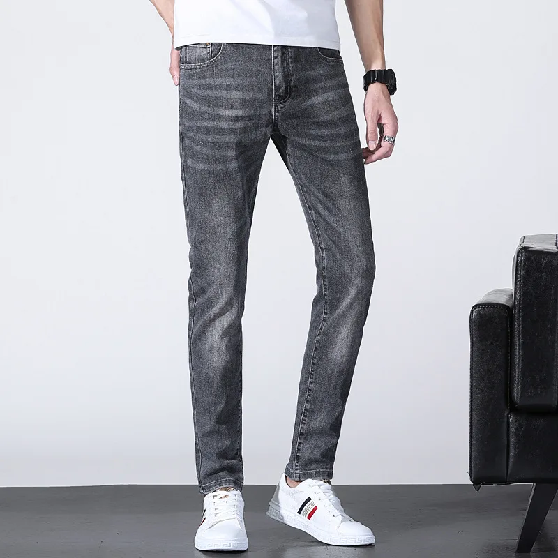 Smoky Gray Jeans Men's 2024 High-End Stretch Slim Fit Skinny Fashionable All-Match Casual Trend Embroidered Trousers