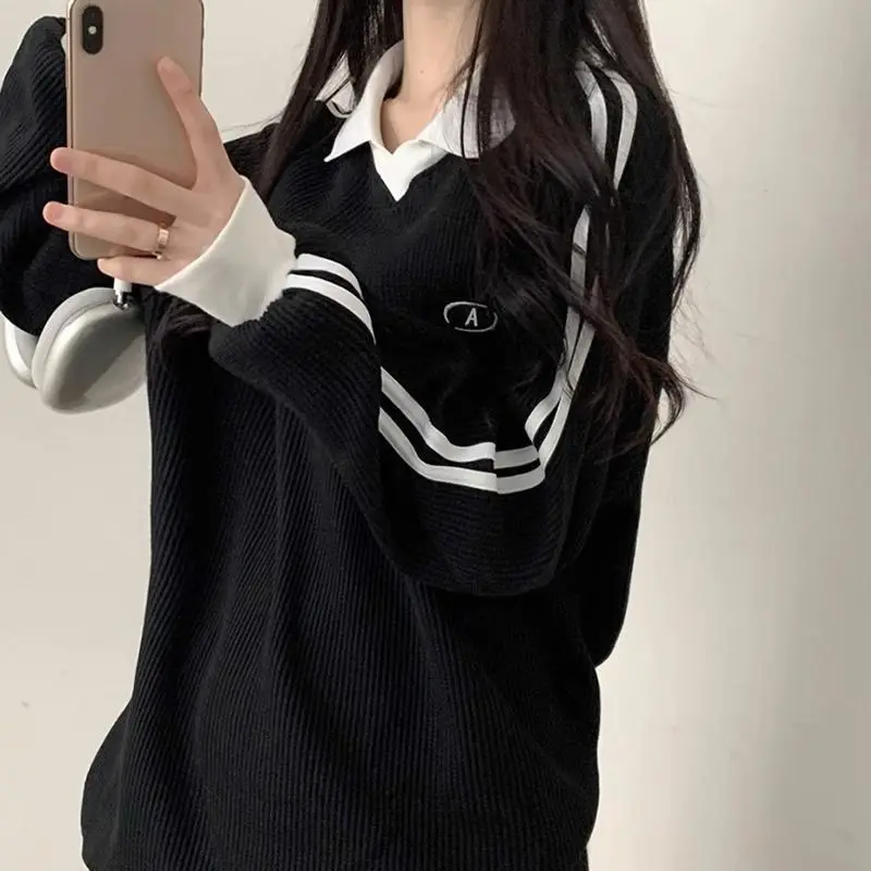 كلية نمط اللون منعت بولو طوق شريط مزدوج الهراء متماسكة أعلى المرأة بسيطة تنوعا تي شيرت