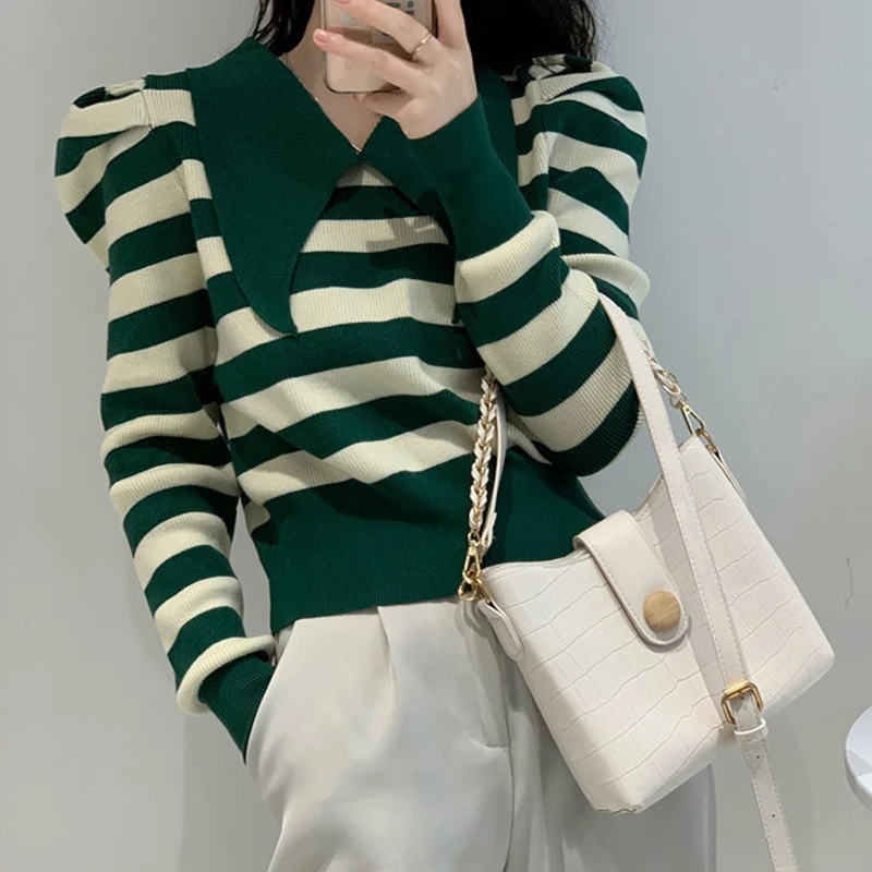 Rimocy Green Puff Sleeve Stripe Sweaters Women 2024 Korean Lapels Cropped Sweater Woman Spring Autumn Long Sleeved Knit Pullover