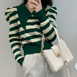 Rimocy Green Puff Sleeve Stripe Sweaters Women 2024 Korean Lapels Cropped Sweater Woman Spring Autumn Long Sleeved Knit Pullover