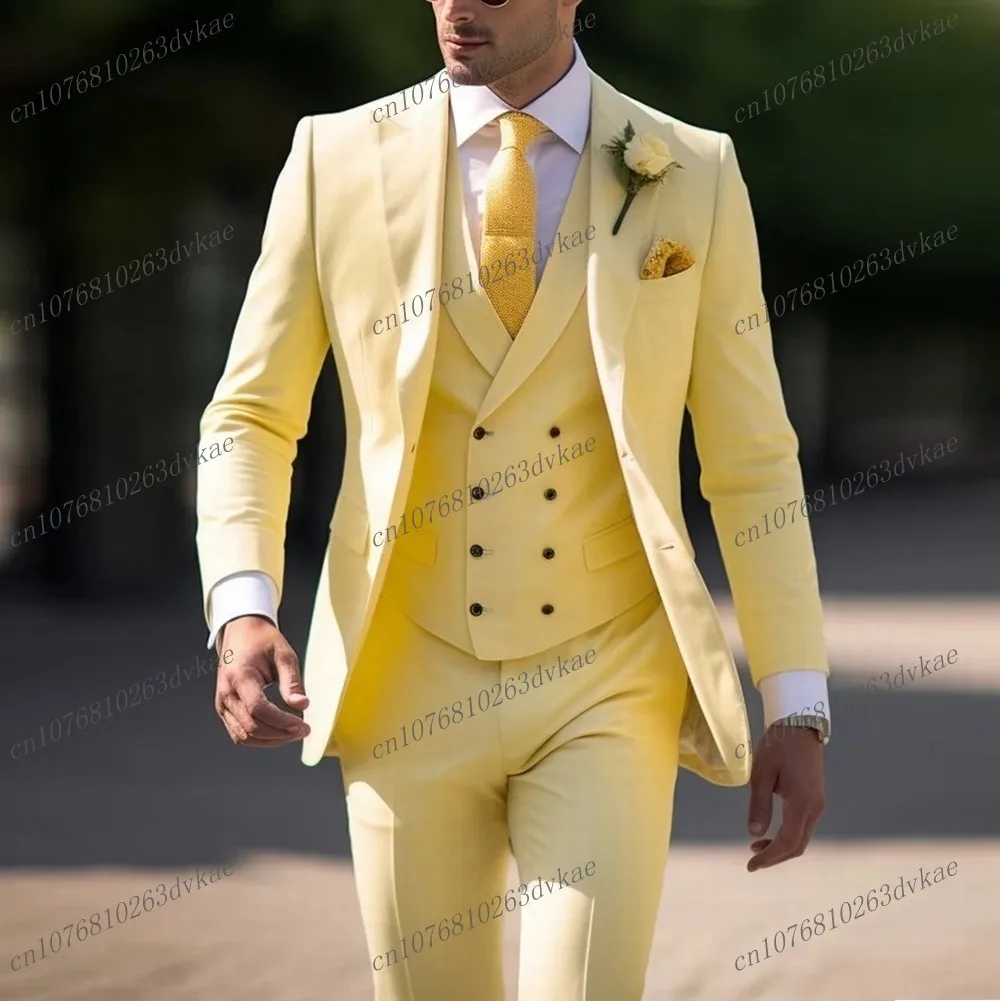 

New Formal Occasion Yellow Business Men Suit Groom Groomsman Wedding Party Prom Male Tuxedos 3 Piece Set Blazer Vest Pants