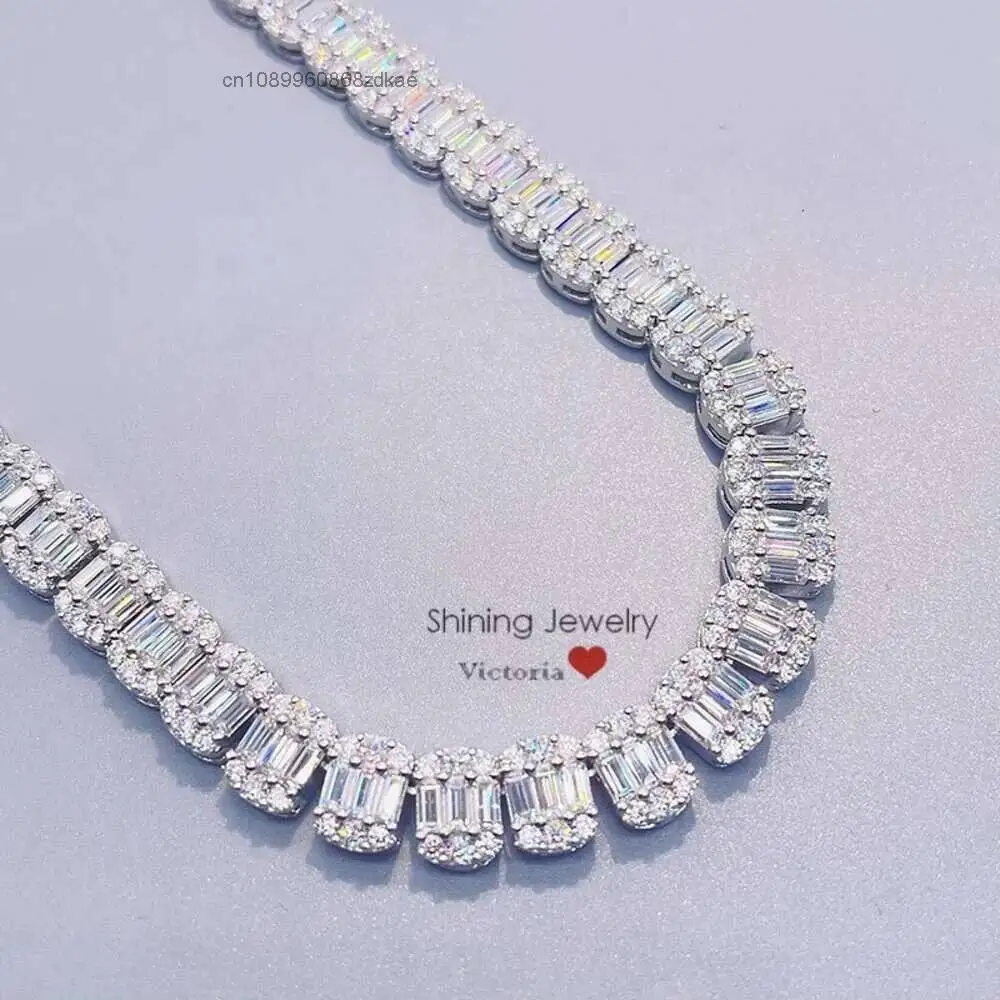 Luxury Real 925 Sterling Silver 9mm Tennis Chain Baguette Diamond Necklace.