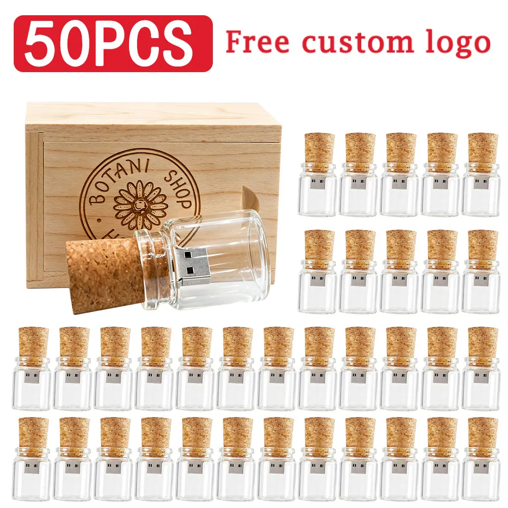 50pcs USB 2.0 free logo Glass Drift Bottle with Cork Flash Drive Stick Pendrive 8GB 16GB 32GB 64GB Pen drive Wedding Gift