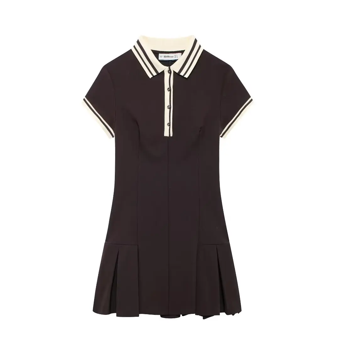 DUOPERI Women Fashion Patchwork Mini Dress Short Sleeves Wide Pleated Female Chic Lady Casual Basic Short Dress Mujer Vestidos
