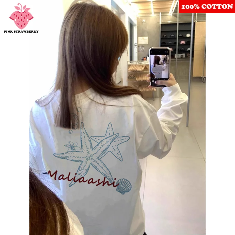 Starfish shell Print T-shirt Women Autumn 2025 New 100% Cotton Oversize White Long sleeved Loose T-shirt Y2k Top Ladies clothing