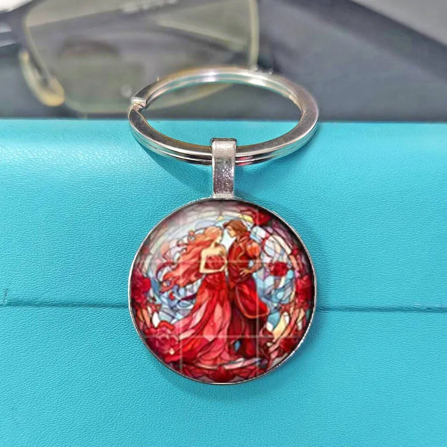 Exquisite And Elegant Romantic Dancing Couple Stained Glass Cabochon Keychain, Rose Floral Lovers Round Glass Keyring Gift