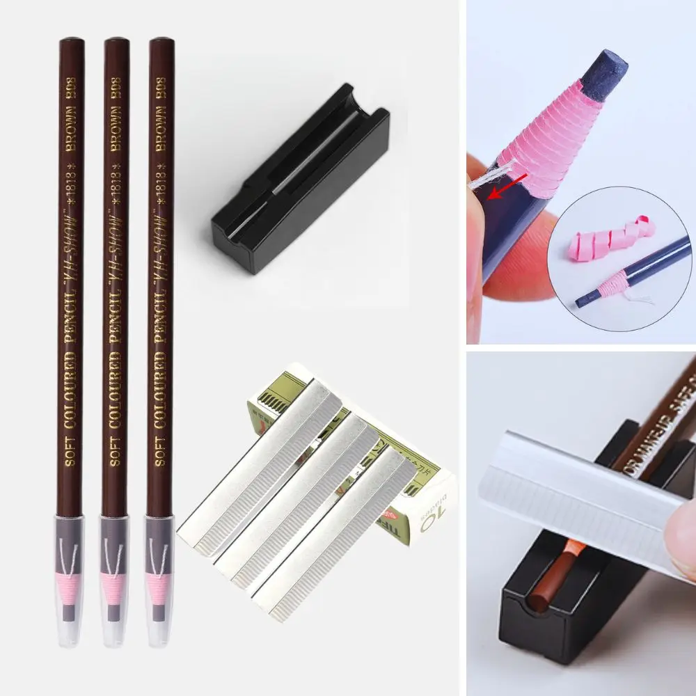 

Professional Eyebrow Pencil & Sharpener Kit with 10Pcs Trimmer Blades - Waterproof Microblading Supplies for Salon Tattoo Design