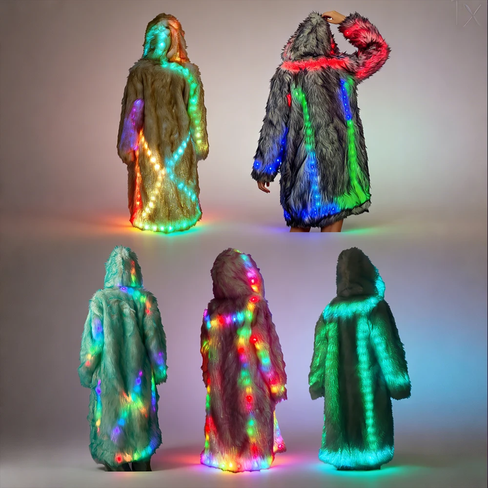 

Cyberpunk LED Faux Fur Long Coat Full Color Changing Glowing Hooded Jacket for Night Out Festival Rave Fashion