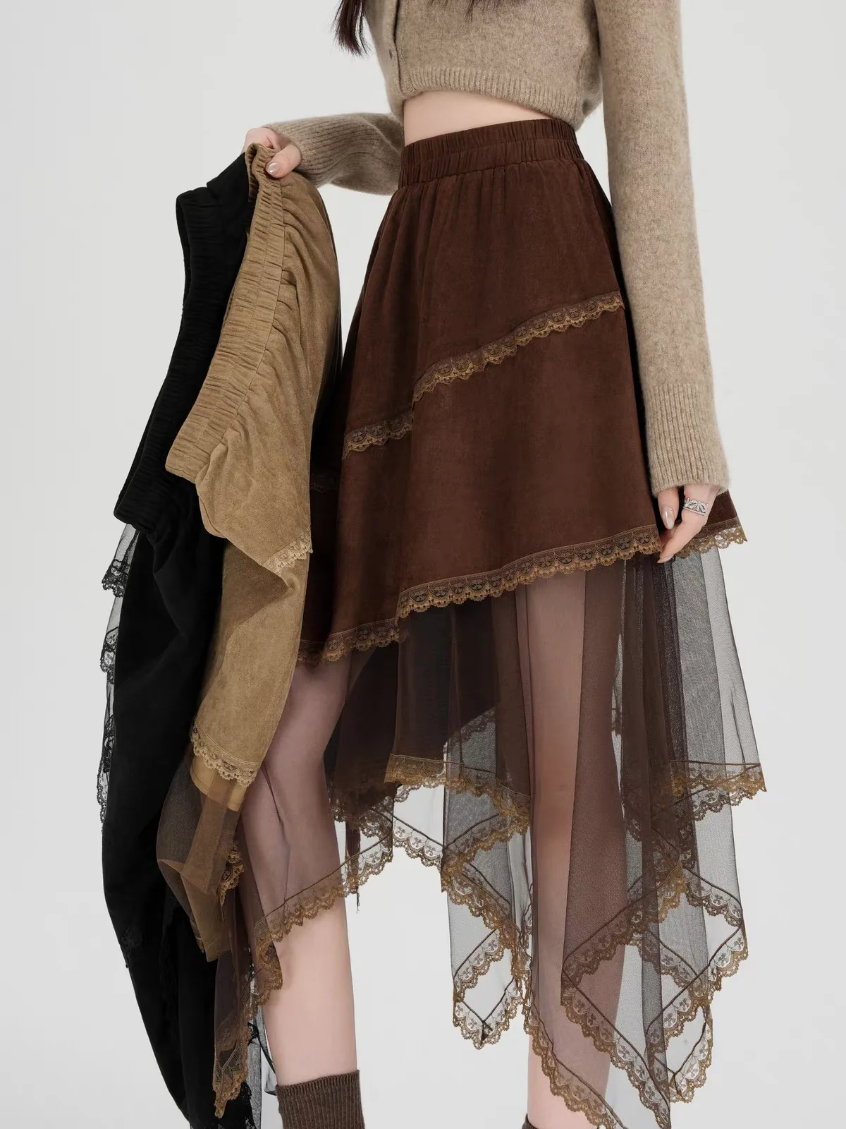Vintage Faux Suede Lace Trim Mesh A-Line Skirt, Petite Midi Asymmetric Hem, Women's Casual Fall Irregular Tiered Flowy Skirts