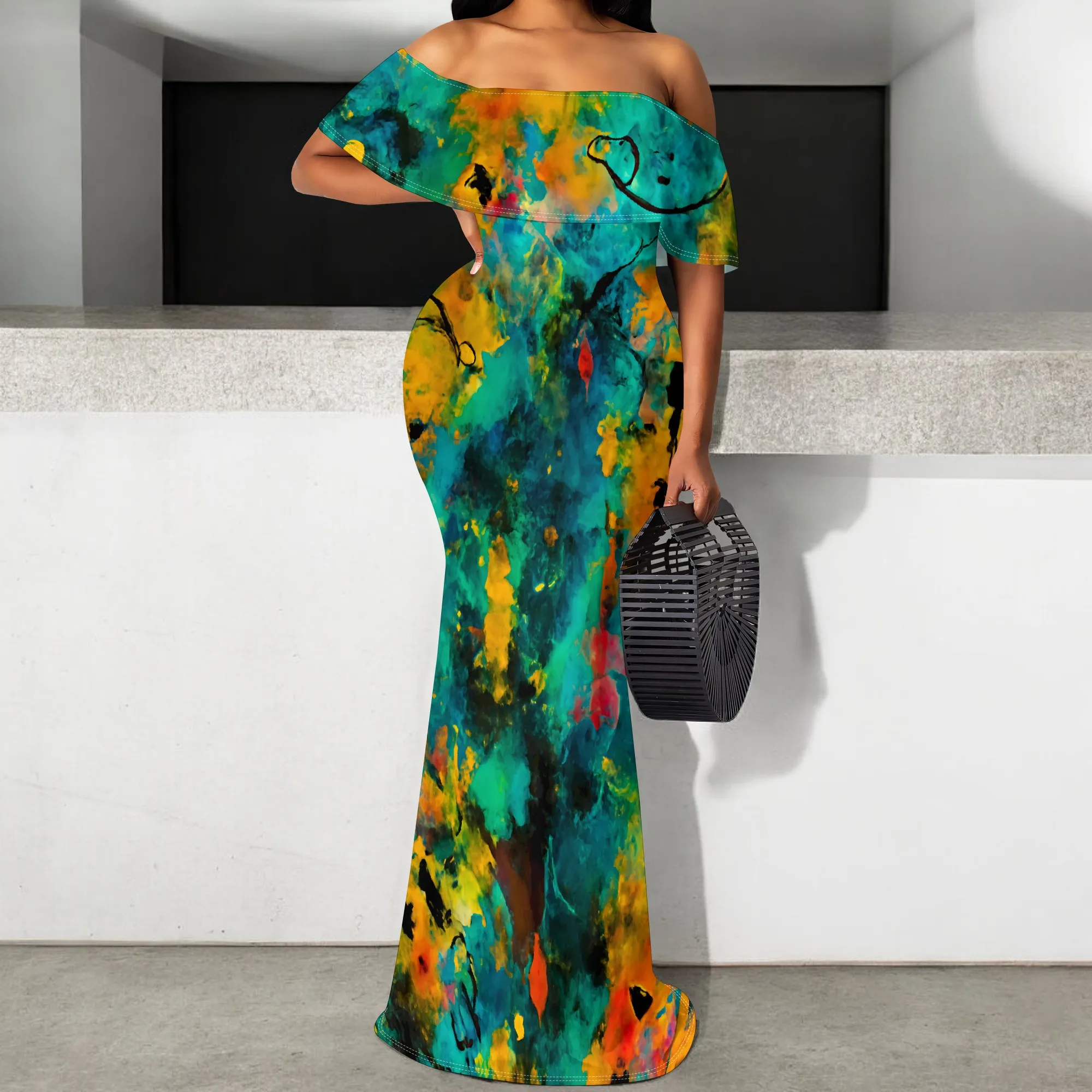 

Abstract Print Maxi Dress S‑3XL One Shoulder Mermaid Style for Art Show, Summer Party or Elegant Gallery Opening Look