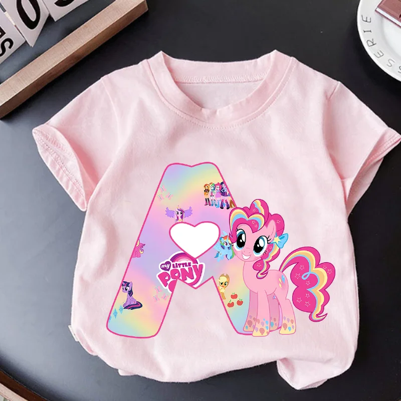 

My Little Ponys T-shirt Child Pink Pinkamena Diane Pie Letter A-Z Tee Top Cute Cartoon Girl Clothes Fashion Kids Clothing Gift