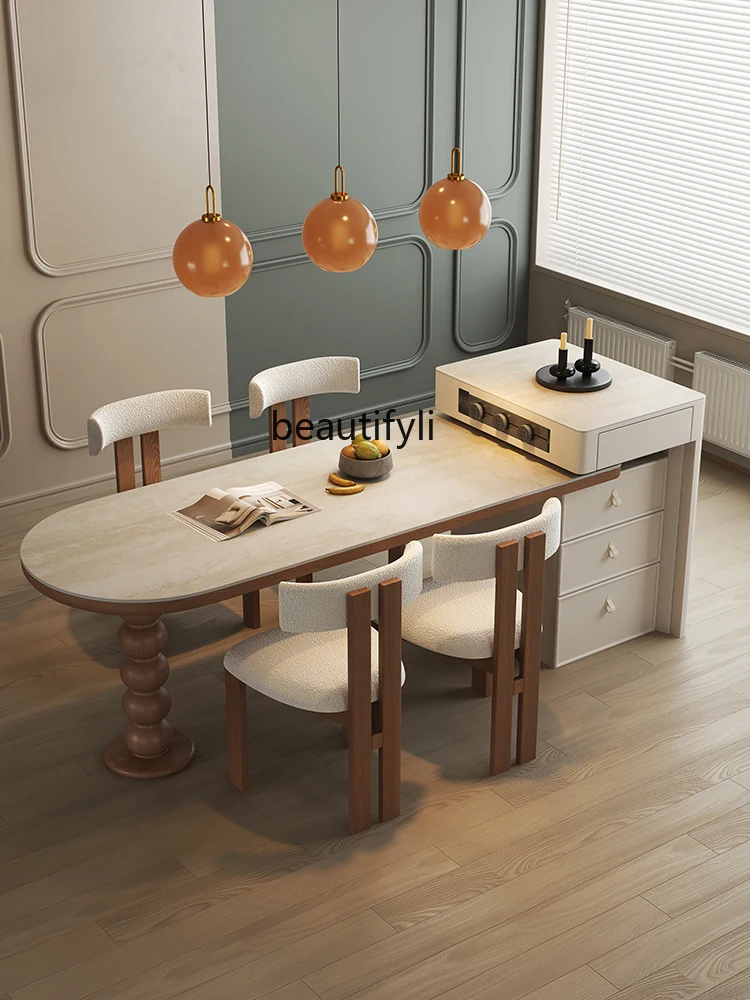 French-Style Retractable Kitchen Island Dining Table Integrated Retro Arc Mid-Kitchen Island Stone Plate Dining Table and Chair