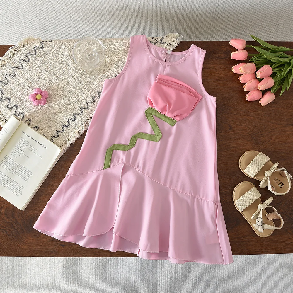 Summer New Korean Girls' Sleeveless Solid Color Dress Cute Rose Princess Skirt Kids Pink Fashion Dress