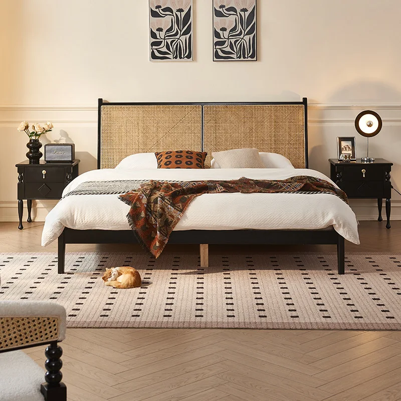 

Modern minimalist rattan solid wood bed black bedroom 1.8m double bed designer