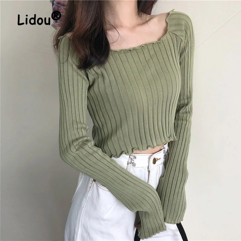 Fashion Solid Color Exposed Umbilicus Knitting Top Women New Long Sleeve Square Collar Flower Edge Temperament Pullover Sweaters