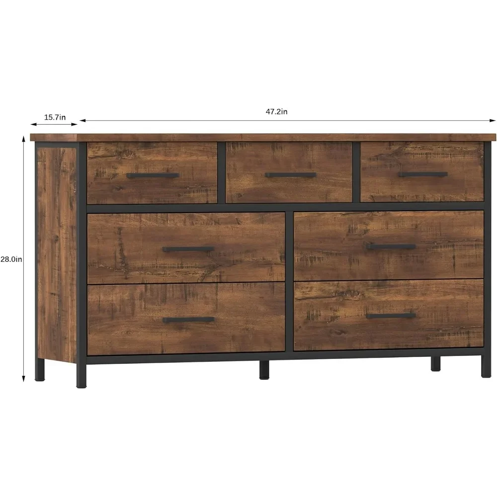 7 Drawer Dresser,for Bedroom, Industrial Wood Storage Dressers & Chests of Drawers with Sturdy Steel Frame,Dressers