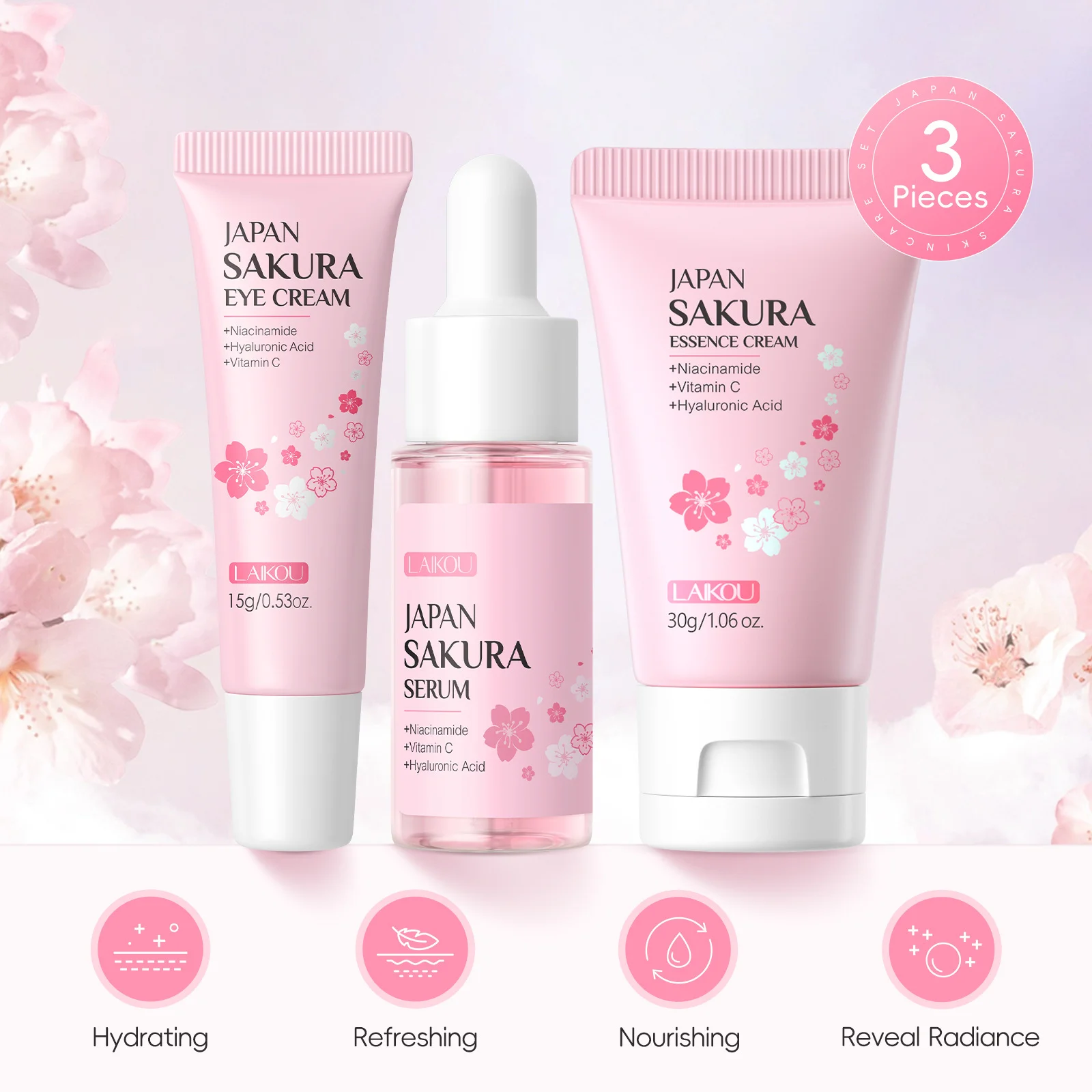 

Набор для ухода за кожей Sakura из 3 предметов: сыворотка, крем для лица, крем для глаз. Глубокое увлажнение для сияющей кожи.