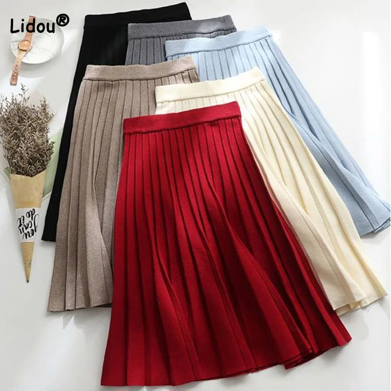 Elegant Fashion Solid Color Knit Pleated Skirt Autumn Winter A-Line Trend All-match Elastic High Waist Skirts Women\'s Clothing