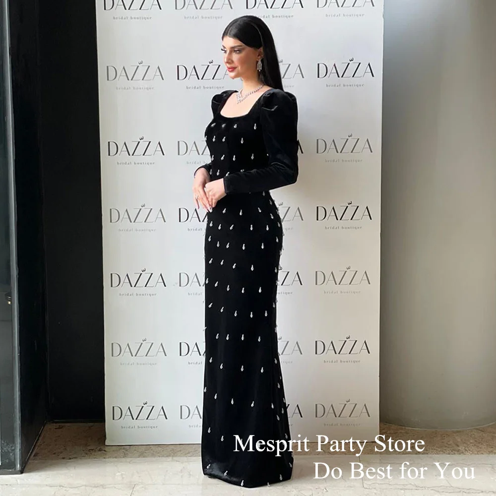 Mesprit Saudi Evening Dress 2024 Custom Size Long Sleeve Square Neck Crystals Velvet Mermaid Black Prom Gown Dubai Party Dresses