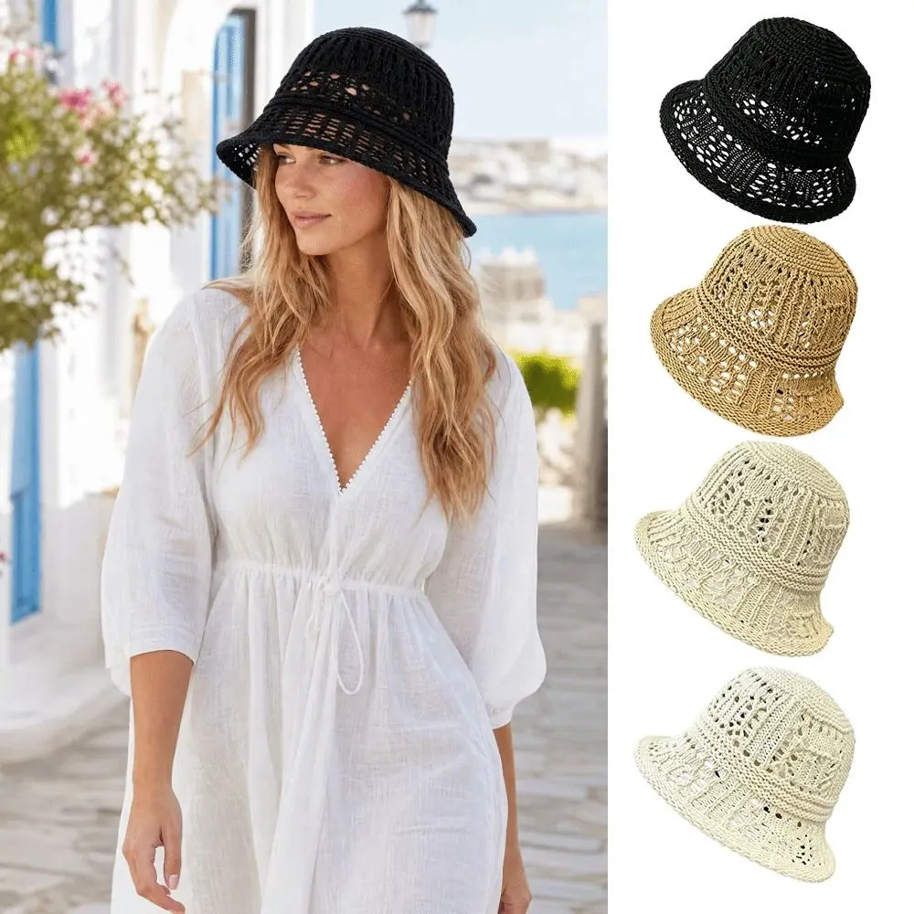 

New Solid Color Knitted Hat Wide Brim Foldable Sunshade Hat Breathable Handmade Fisherman Hat Casual Wear