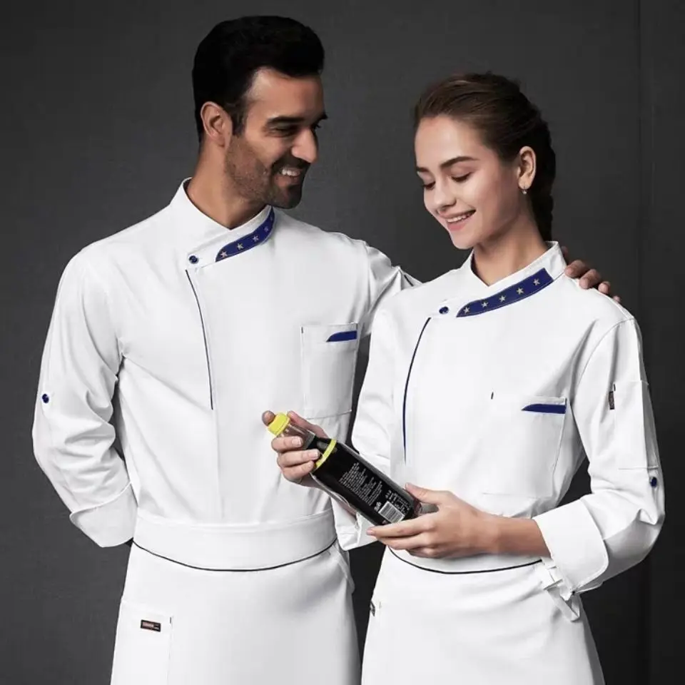 Manteau de chef blanc pour femme, tablier à manches longues, veste de chef, uniforme de restaurant, vêtements de cuisine d'hôtel, service alimentaire d'hiver pour homme