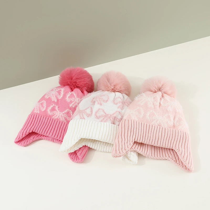 Gorros Plsuh con lazo rosa para niña, gorro cálido con protección para los oídos para bebé, gorro con orejeras con forro de terciopelo, gorro tejido de lana para niño de 1 a 5 años