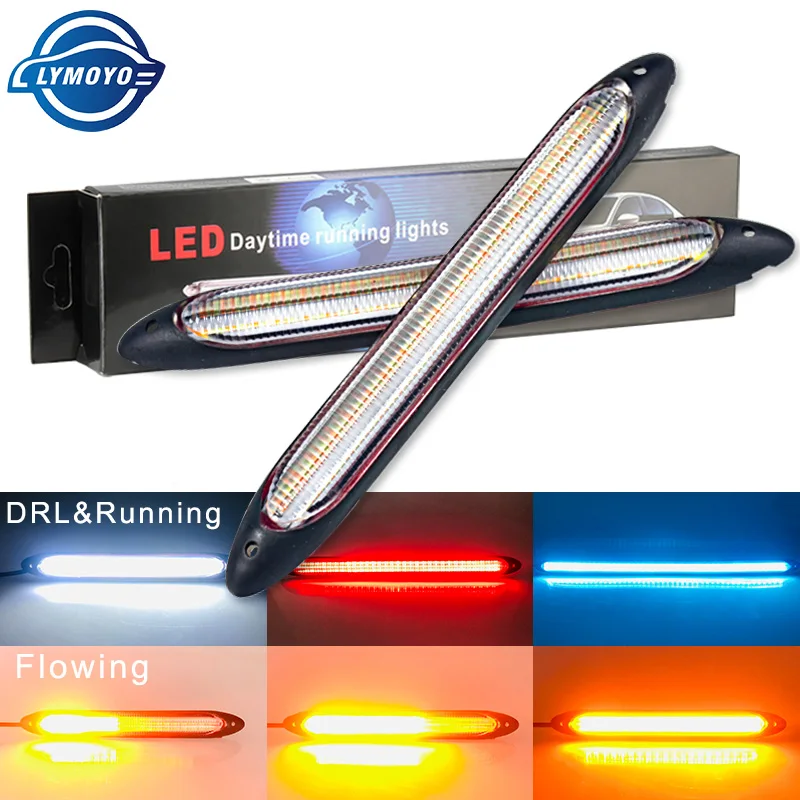 2x Car DRL LED Daytime Running Light Flow Yellow Turn Signal White DRLScan Waterproof Headlight Strip Sequential Light Universal