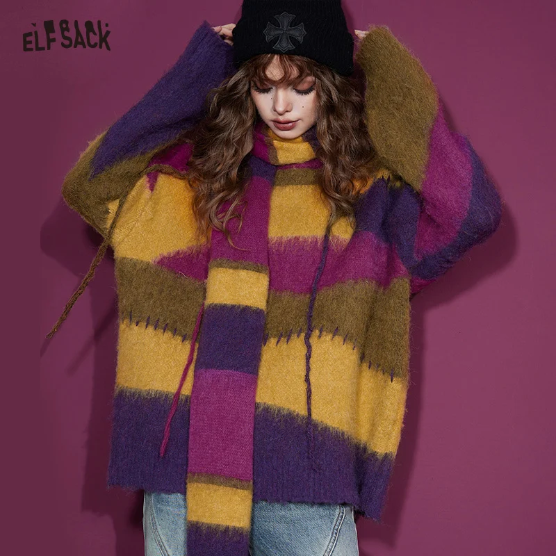 ELFSACK Free Scarf Rainbow Striped Sweater Women 2023 Winter New Korean Fashion Designer Tops
