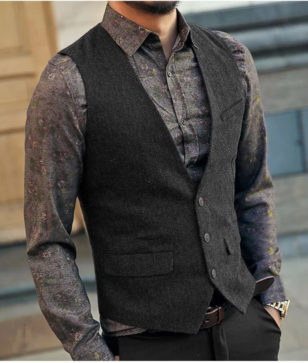 

Slim Mens Vest Tweed Waistcoat Vest Vintage Herringbone V-neck Casual Wool Groomsmen Suits Vest For Wedding XS-7XL