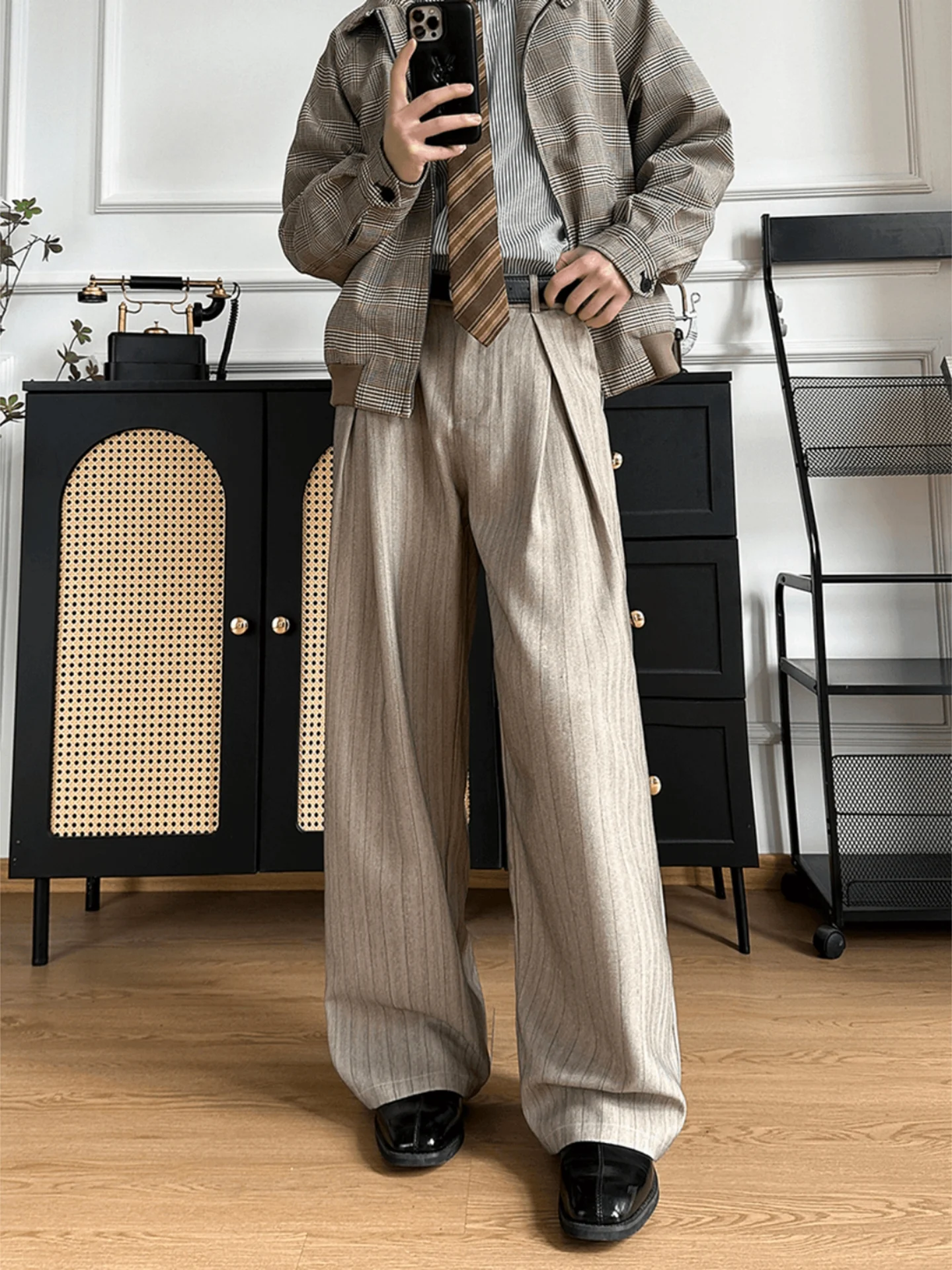 Men's Casual Straight Leg Pants Texture Stripe Wide Leg Drapey Spring Summer Cleanfit Trousers Fashionable Loose Fit Polyeste...