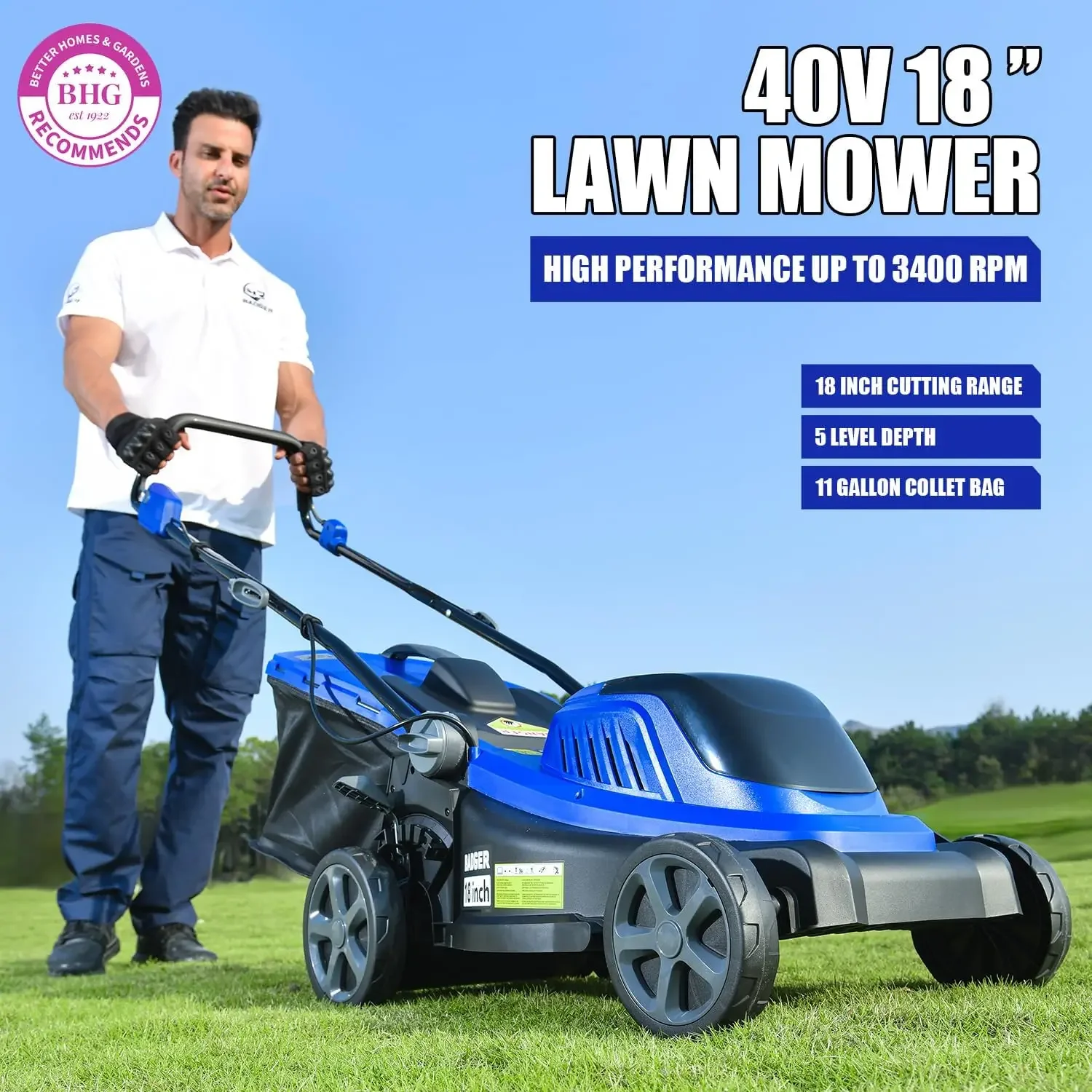 Cordless Brushless Lawn Mower 40V 18 Inch 40Ah Battery Fast Charger 5 Position Height 5445 Square Feet Lawns