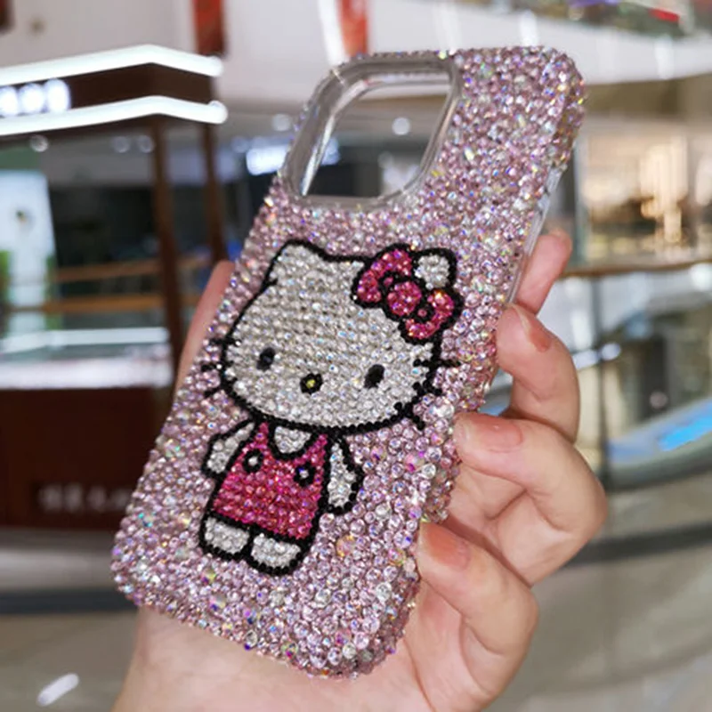 Cute Hello Kitty IPhone 16 Case Kawaii Sanrio Anime Pink Full Diamond IPhone15promax 14 13 12 Silica Gel Protective Shell Gifts