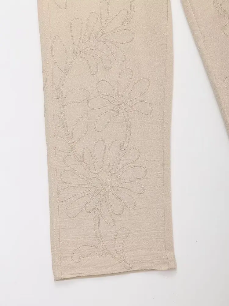 Tangada 2024 Women Embroidery 85% Cotton Pants Trousers High Waist Female Khaki Pants 6H0264