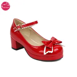 EDEELVEEYS Bow Mary Janes Patent Leather Block Med Heel Pumps for Women Rockabilly Shoes Lolita Fashion Vintages Maid Cosplay