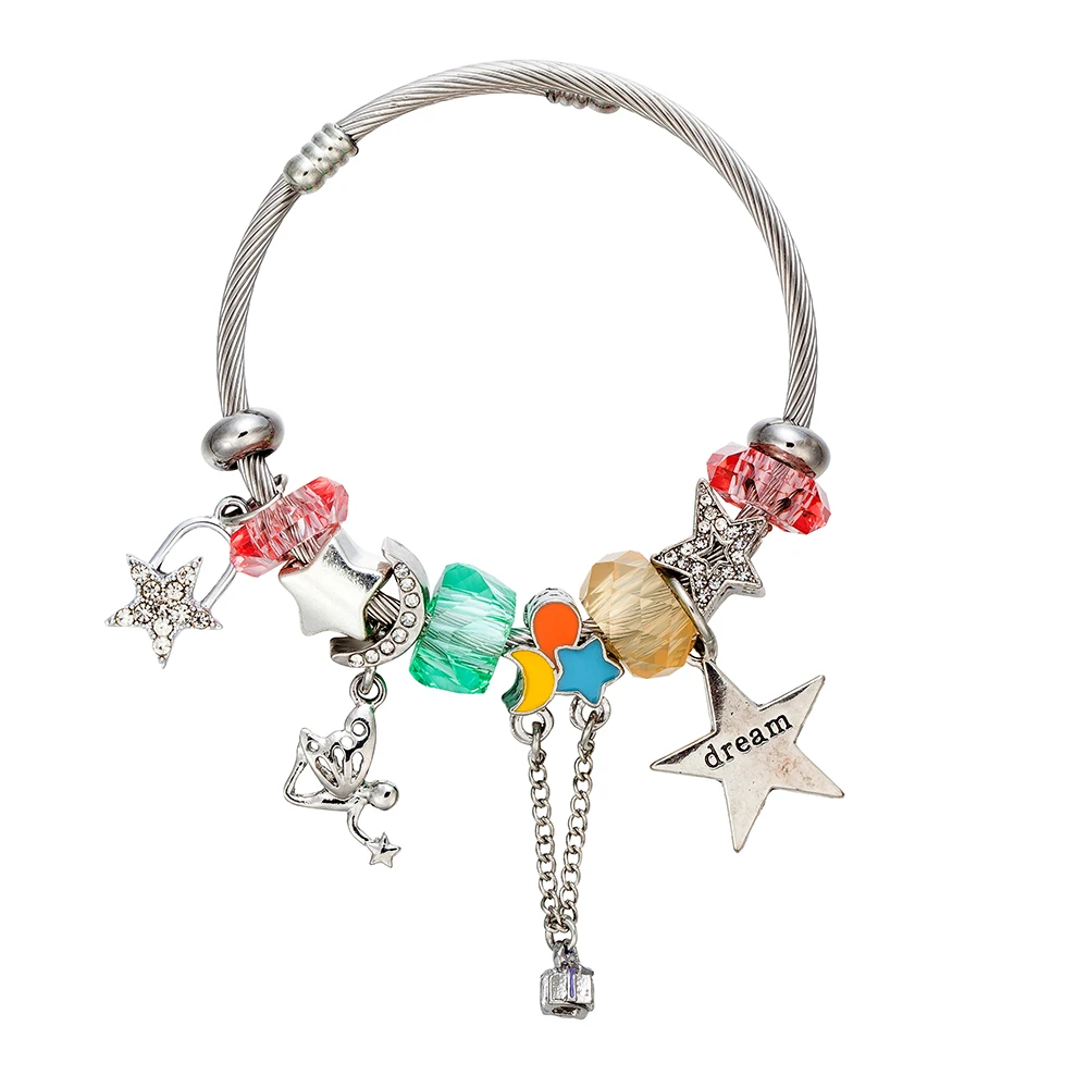 ANNAPAER New Design Stainless Steel Bangle Sky Series Colorful Star Pendant Beaded Charms Bracelet Special Offer Gift For Mother