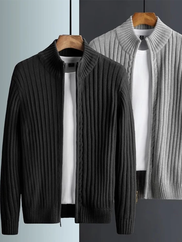 

Мужской утепленный вязаный свитер-куртка на молнии, повседневная осенне-зимняя верхняя одежда, модный брендовый молодежный активный стиль, длинный рукав