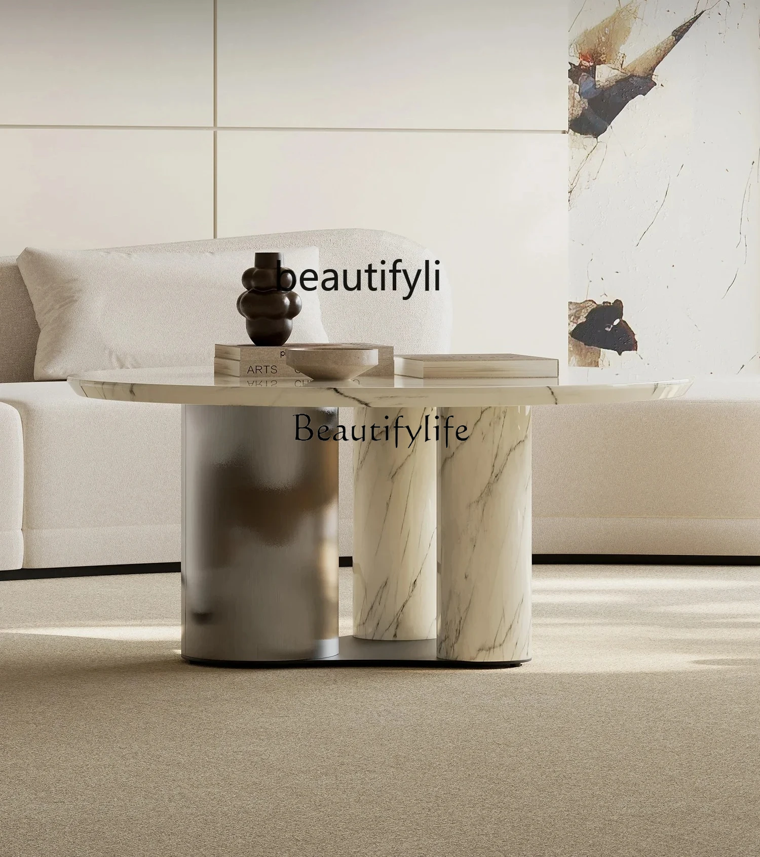

Marble coffee table round light luxury stainless steel designer living room household small apartment art