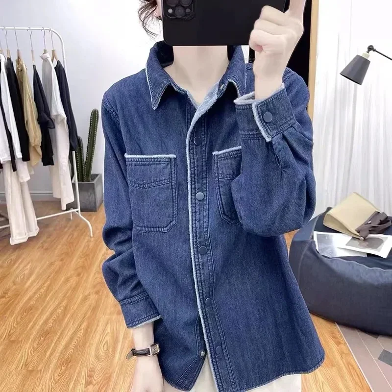 Korean Autumn Winter Fashion Velvet Long Sleeve Denim Shirt Women's Shirt Blouse 2024 Thickened Warm Denim Jacket Coat Top