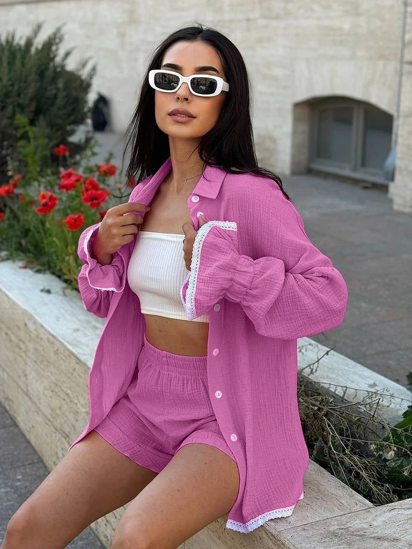 Marthaqiqi Casual Ladies Sleepwear Sets Turn-Down Collar Nightgowns Long Sleeve Nightwear Shorts Loose Pink Female Pajamas Suit